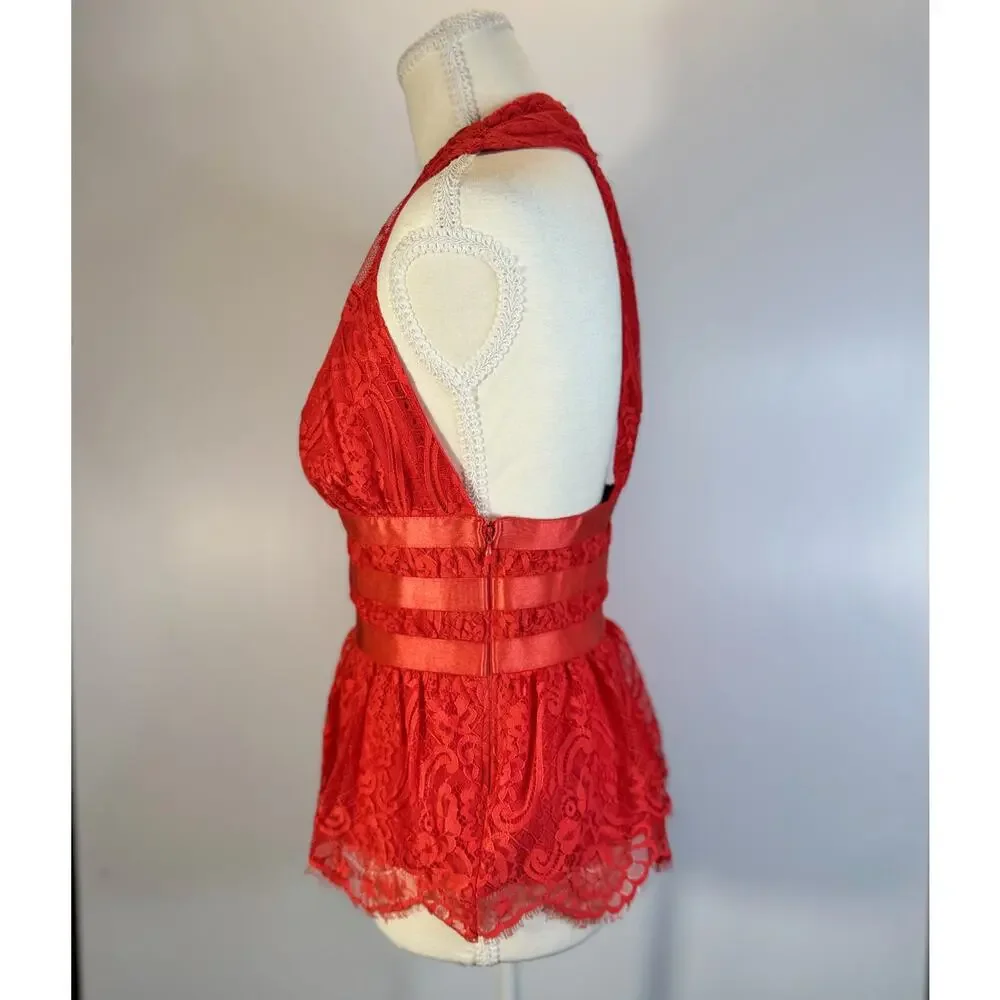 Bebe Lace Halter Peplum Top Poppy Red Women’s Small Plunge Satin Waist Y2K Party - Picture 5 of 16